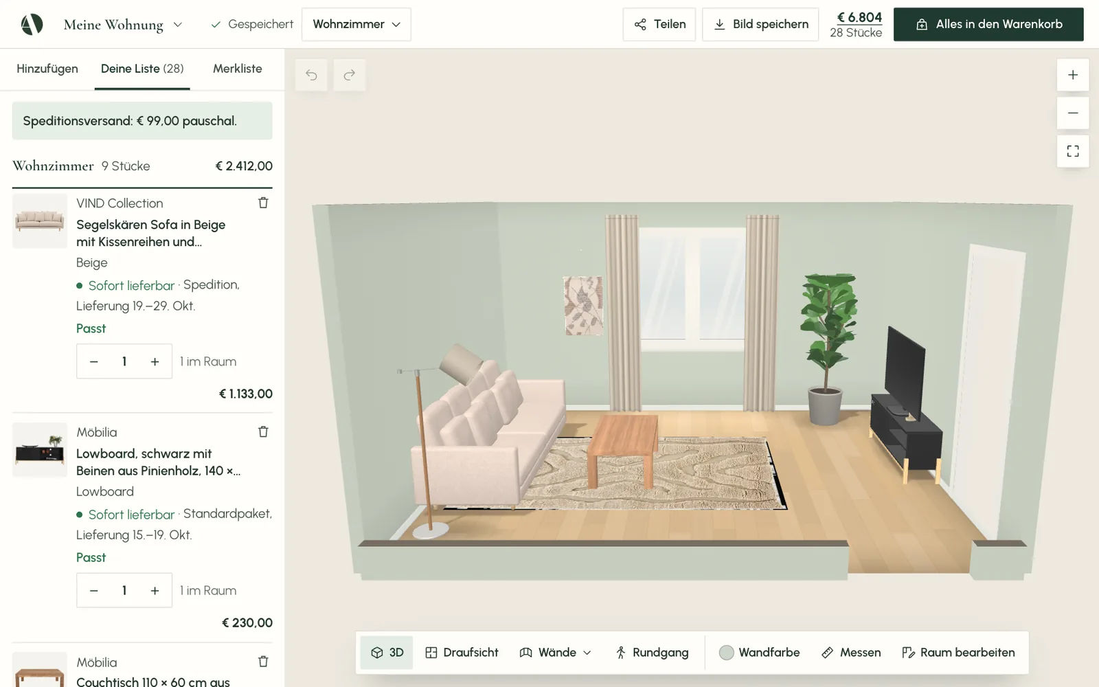 Raumplaner von Alva Home: links „Deine Liste“ mit den Stücken des Wohnzimmers, Preisen, Lieferzeit und dem Versand, rechts das eingerichtete Wohnzimmer in 3D mit Fenster und Tür, Sofa und TV-Möbel gegenüber, unten die Leiste mit 3D, Draufsicht, Wänden und Rundgang