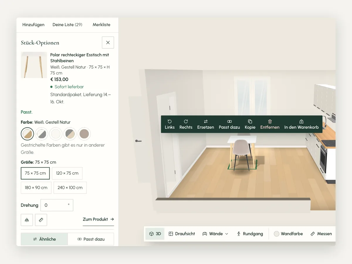 Stück-Optionen eines Esstischs mit Farben und Größen wie auf der Produktseite, daneben die Küche in 3D mit dem gewählten Tisch