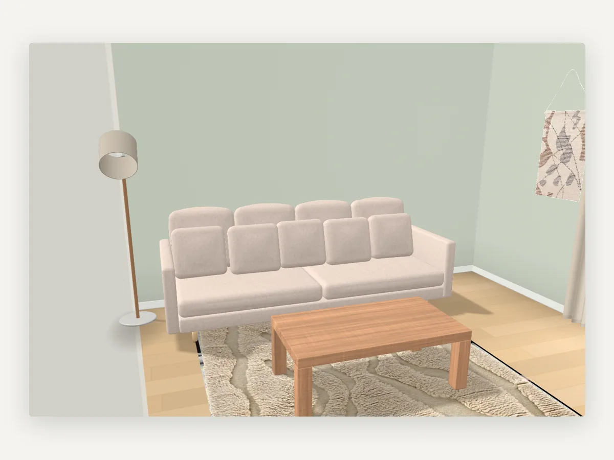 Rundgang in 3D: Blick auf Augenhöhe auf ein helles Sofa, einen Couchtisch aus Holz und eine Stehleuchte