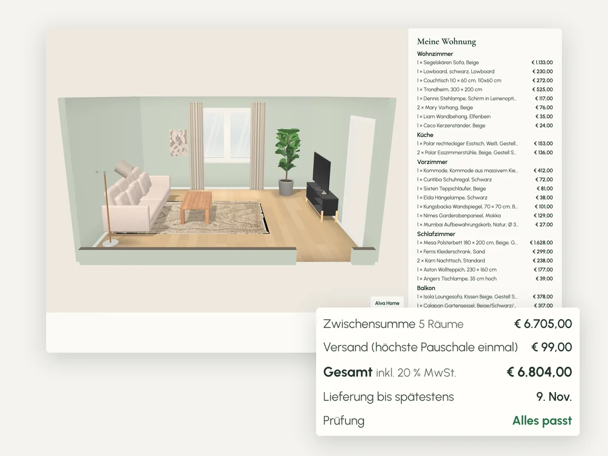 Gespeichertes Bild des Wohnzimmers mit Stückliste, Versand und Summe, davor die Zusammenfassung mit Gesamtsumme, spätestem Lieferdatum und der Prüfung „Alles passt“