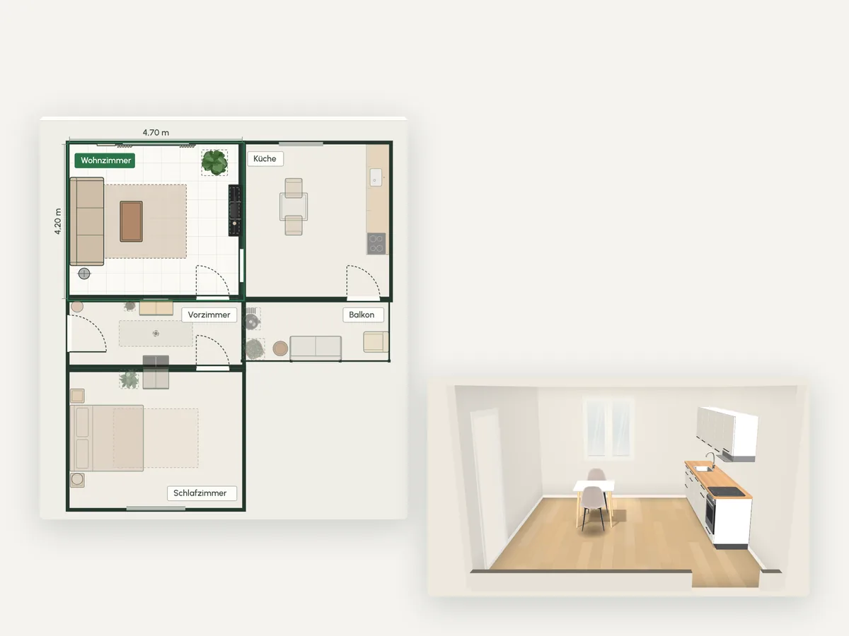 Grundriss einer Wohnung mit Wohnzimmer, Küche, Vorzimmer, Schlafzimmer und Balkon, verbunden durch Türen, daneben die Küche in 3D mit Küchenzeile und Essplatz